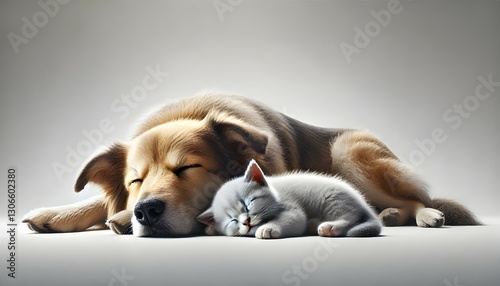 Sleeping Dog and Kitten Cuddling Together – Cozy and Peaceful Pet Love