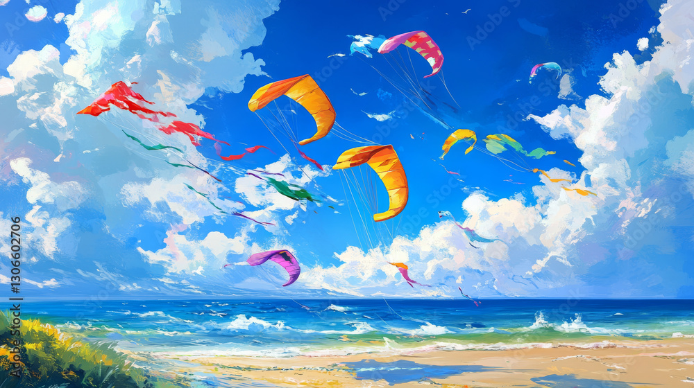 Vibrant beach scene with colorful kites flying in sky Vibrant beach scene with colorful kites flying in sky