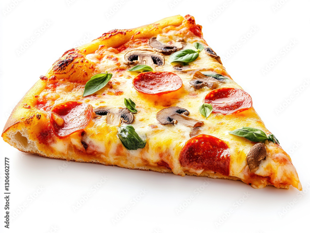 Delicious slice of pepperoni and mushroom pizza with fresh basil Delicious slice of pepperoni and mushroom pizza with fresh basil