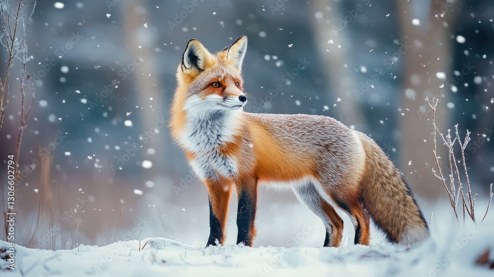 A Beautiful Fox Standing Gracefully In The Winter Snowfall A Beautiful Fox Standing Gracefully In The Winter Snowfall