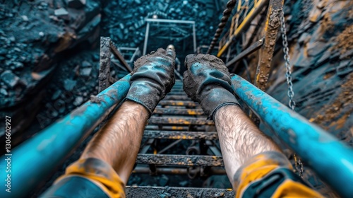 Miner Gripping Metal Railing on Steep Ladder into Underground Shaft
