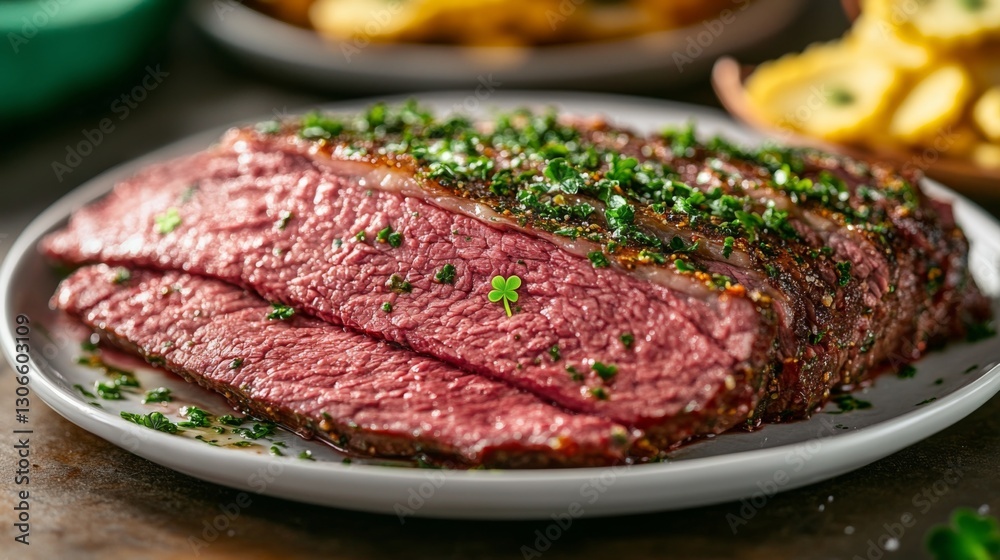 Sliced Herb Crusted Roast Beef On White Plate Sliced Herb Crusted Roast Beef On White Plate