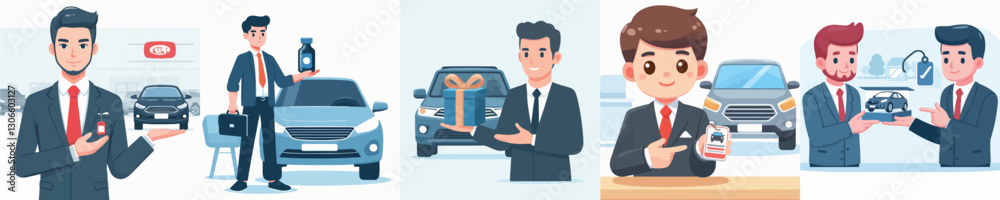 Vector of a car salesperson offering a product. Vector of a car salesperson offering a product.