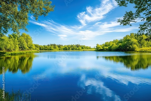 Bright Blue Water Mirrors Clear Skies and Lush Greenery in a Serene Natural Landscape