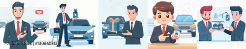Vector of a car salesperson offering a product.