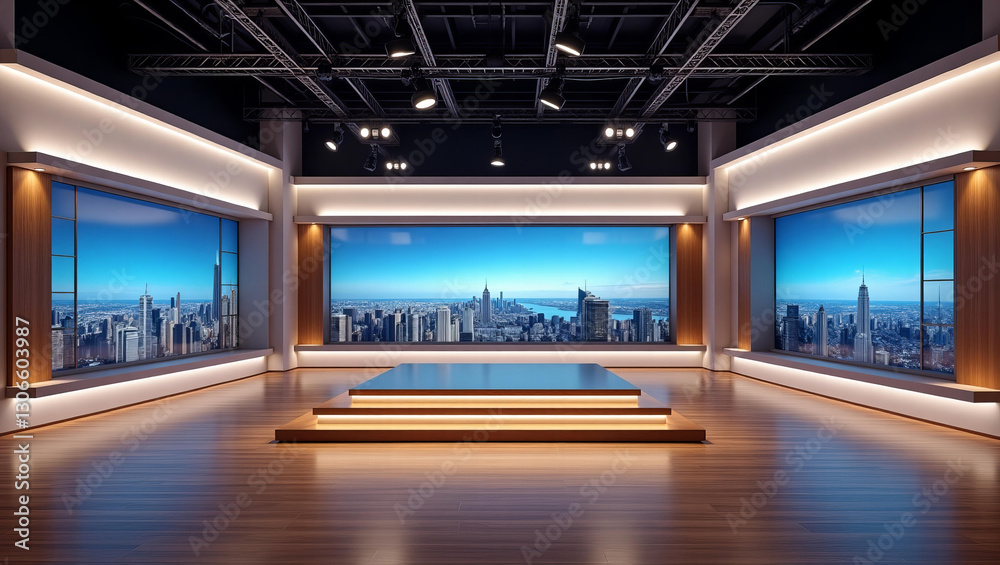 Obraz premium Room Studio, Backdrop For TV Shows .TV On Wall.3D Virtual News Studio Background, 3d illustration
