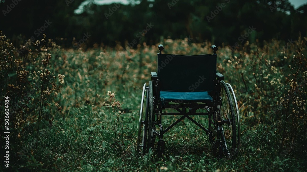 Fototapeta premium On a sunny day, an empty blue wheelchair placed on the green grass embodies the principles of accessibility, independence, and mobility that individuals with disabilities deserve in outdoor