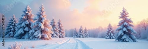 Snow-covered trees in the early morning light, minimalism, calm, festive
