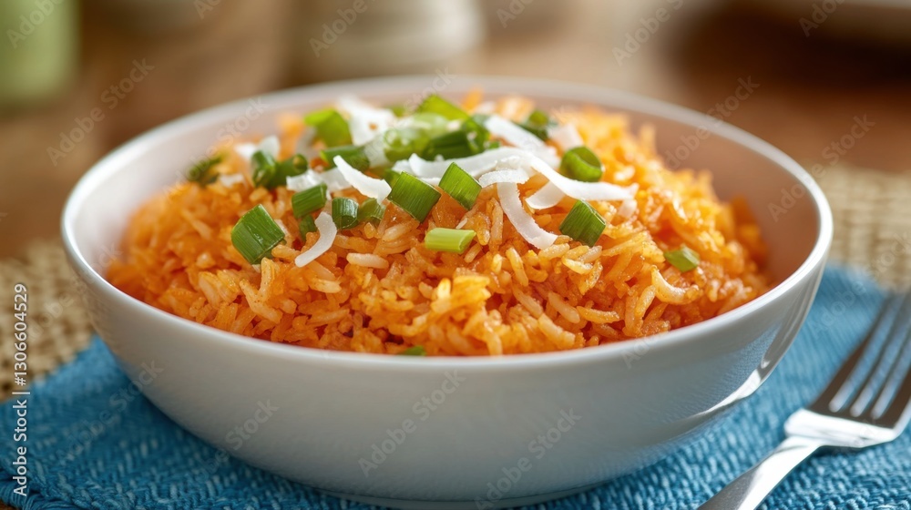 delicious orange rice with coconut and green onions delicious orange rice with coconut and green onions