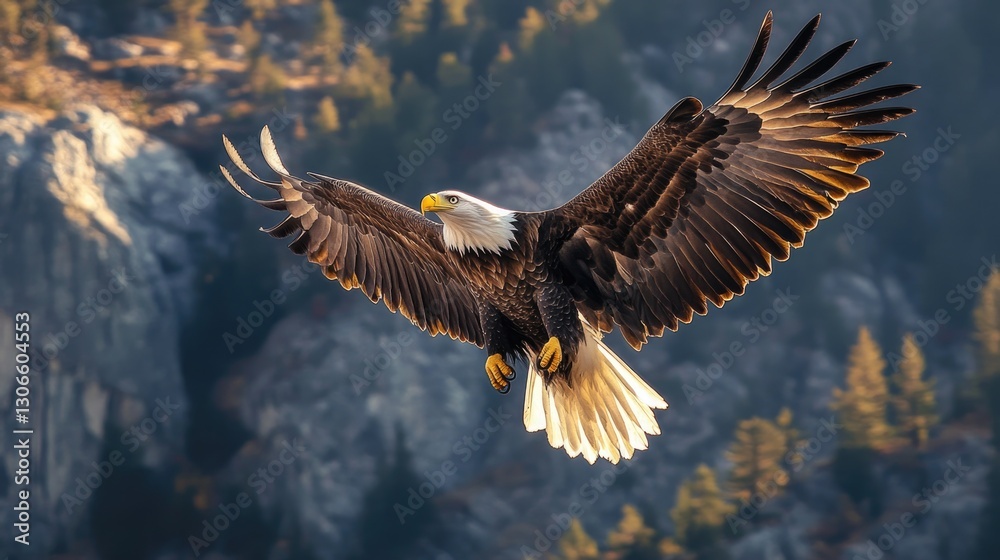 Fototapeta premium Majestic bald eagle soaring through the air above a forested landscape