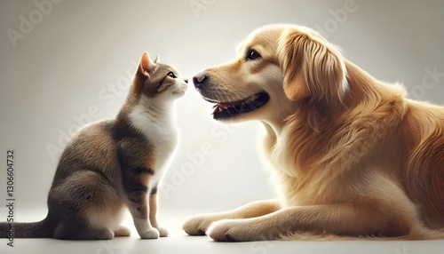 Happy Dog and Curious Cat Gazing at Each Other , Heartwarming Pet Friendship