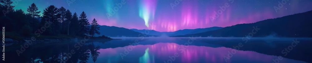 Trees reflected in the lake's calm surface under starry night sky with aurora borealis, lake, serene Trees reflected in the lake's calm surface under starry night sky with aurora borealis, lake, serene