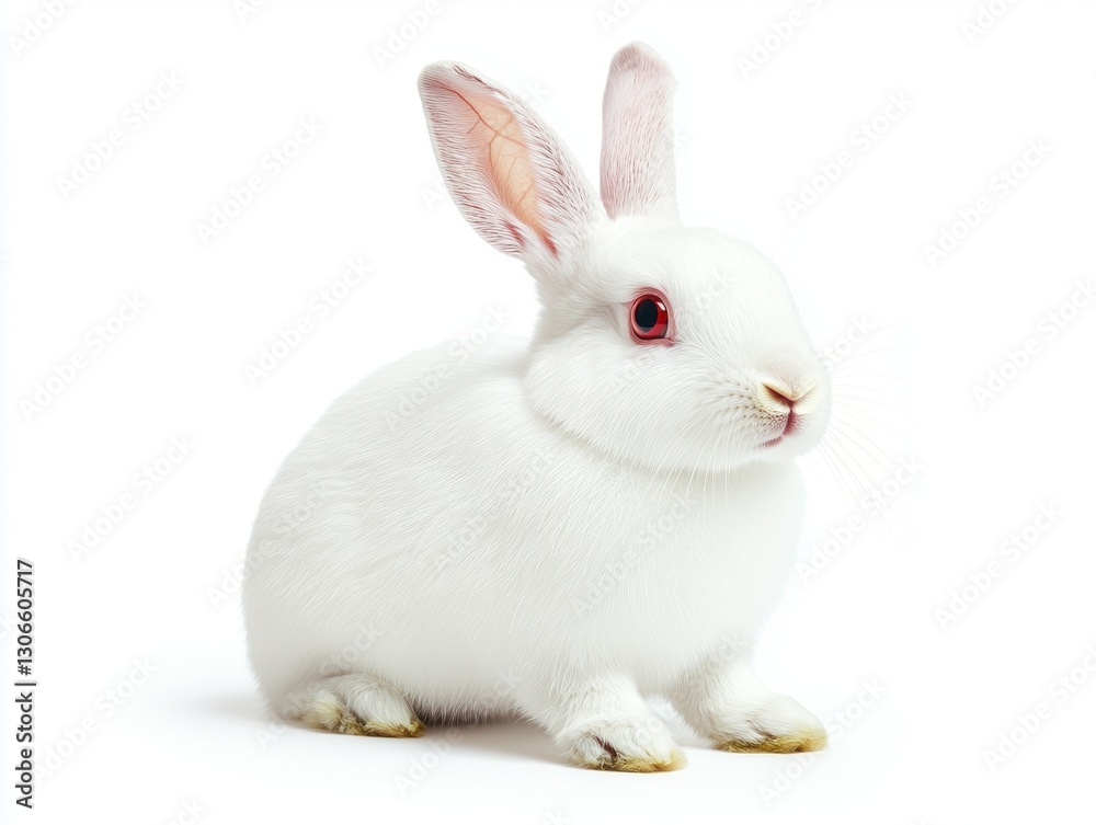 White rabbit sitting calmly against a plain white background White rabbit sitting calmly against a plain white background