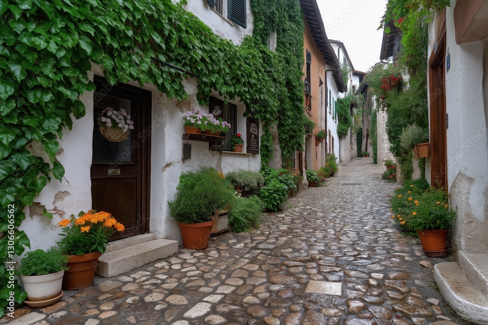 Charming Italian cobblestone street with vibrant flowers and ivy-covered walls creates a picturesque scene Charming Italian cobblestone street with vibrant flowers and ivy-covered walls creates a picturesque scene