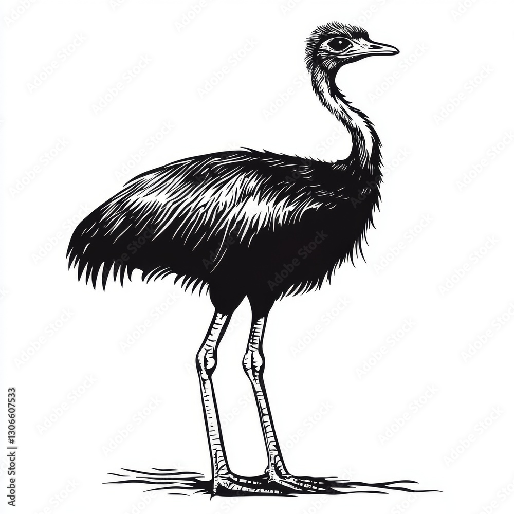 Fototapeta premium Detailed illustration of an ostrich standing upright with intricate feather patterns, showcasing its unique anatomy