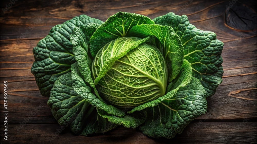 Fototapeta premium A vibrant savoy cabbage, showcasing its intricate leaf structure and rich green hue, rests on a rustic wooden surface.