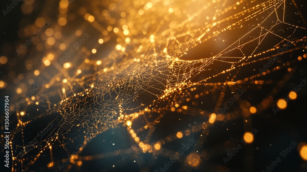 Golden Web, Abstract Network, Dark Background Golden Web, Abstract Network, Dark Background