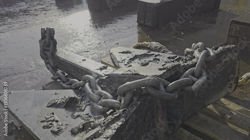 Muddy anchor resting on a pallet in drydock with sun flare from the sun shining behind
