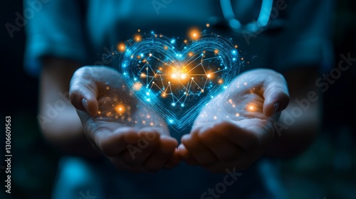 Heart-shaped digital art representing care and compassion held in hands of a healthcare professional at night