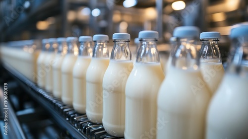 Milk bottles on a conveyor belt in a dairy factory during production process in the afternoon