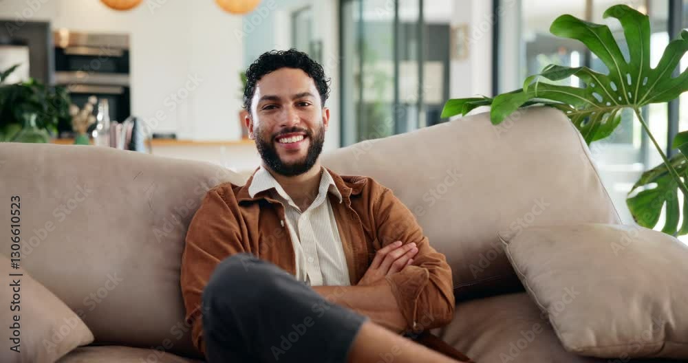 Smile, relax and face of man on sofa in home for weekend, rest and afternoon break. Happy, laughing and portrait of person on couch with confidence, positive attitude and pride in living room Smile, relax and face of man on sofa in home for weekend, rest and afternoon break. Happy, laughing and portrait of person on couch with confidence, positive attitude and pride in living room