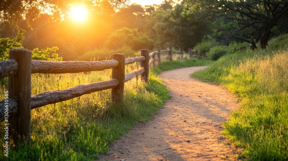 Fototapeta premium Serene pathway illuminated by sunset in a green park surrounded by trees