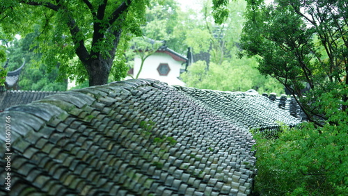 The classical Chinese garden buildings view in Suzhou of the China in the rainy day