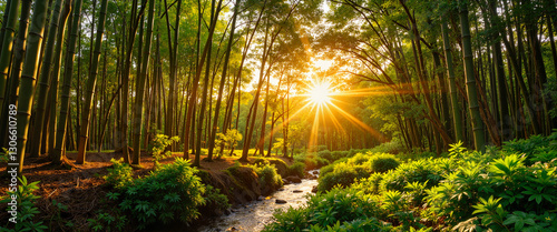 Vibrant bamboo forest at sunset with a stream, serene nature's beauty