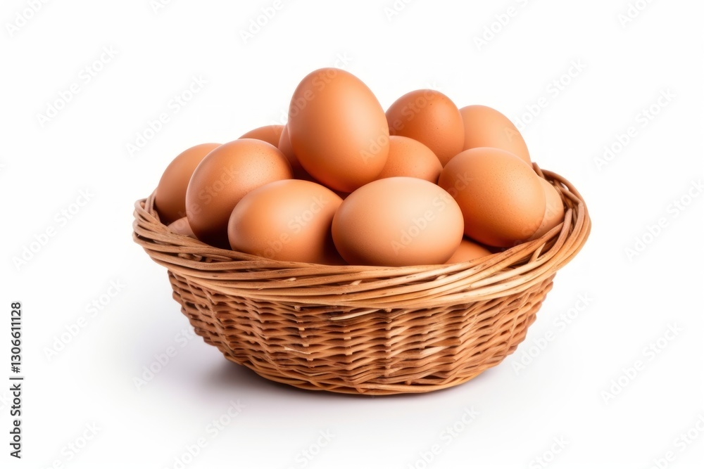 Large brown eggs in a wicker basket food white background simplicity. Large brown eggs in a wicker basket food white background simplicity.