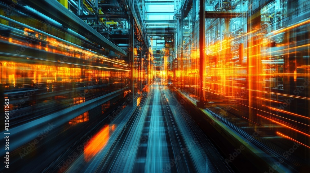 Bright lights illuminate a dynamic industrial corridor in a high-tech facility during a busy operational period Bright lights illuminate a dynamic industrial corridor in a high-tech facility during a busy operational period