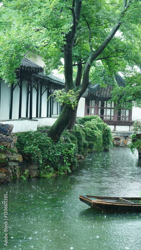 The classical Chinese garden buildings view in Suzhou of the China in the rainy day