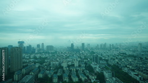 The panoramic city view in the rainy and cloudy day