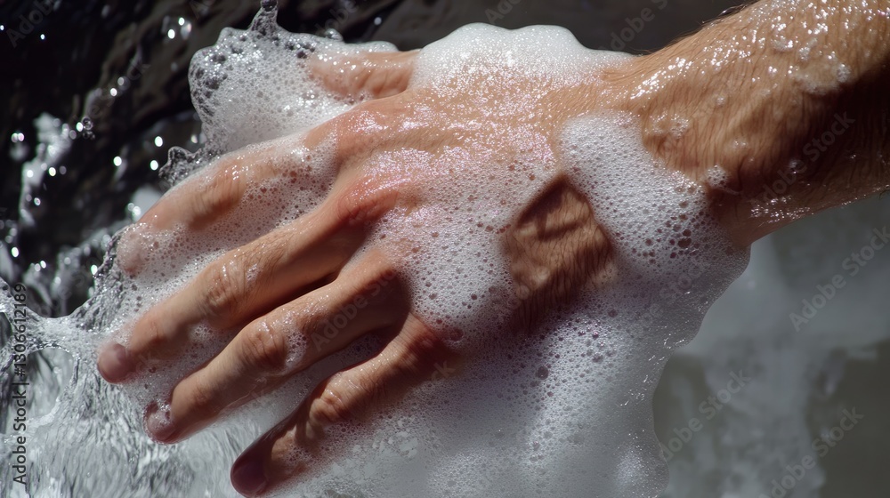 Fototapeta premium Water running over hands as excess soap is rinsed away.