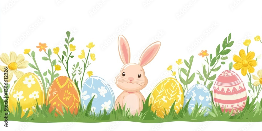 Fototapeta premium Easter eggs and rabbit on green grass and flowers border illustration easter cute.