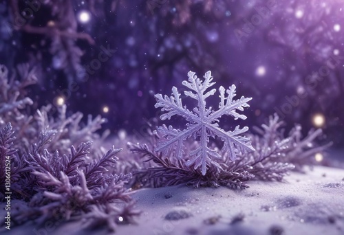 Snowflakes gently fall on a purple winter wonderland background with twinkling lights and frosty details, ornaments, magical, christmas