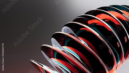 Colorful futuristic 3D illustration with mirrored glass or metal ellipses floating in a semicircle arc along a line on a gradient background. Unusual conceptual object for background