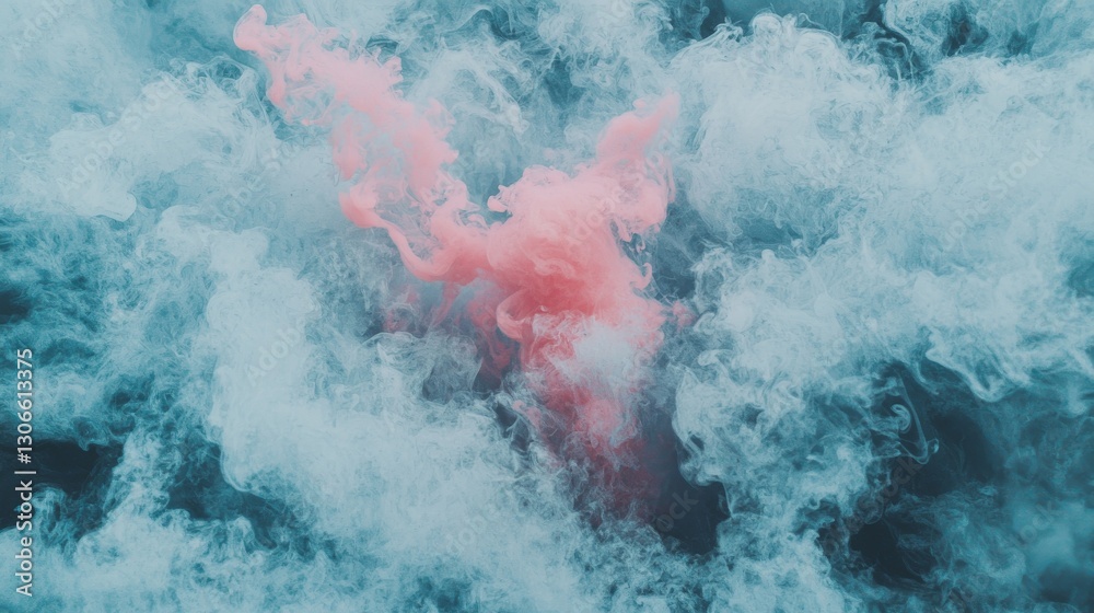 Blue and purple glowing fog cloud waves in a mysterious storm sky, created by mixing paint and water with the texture of mist and the color of smoke, form an abstract art background with free space