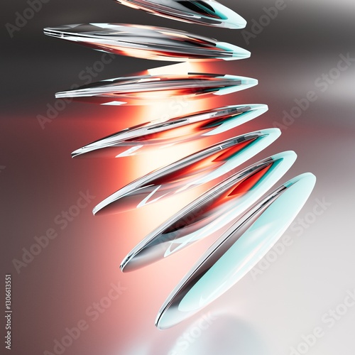 Colorful futuristic 3D illustration with mirrored glass or metal ellipses floating in a semicircle arc along a line on a gradient background. Unusual conceptual object for background