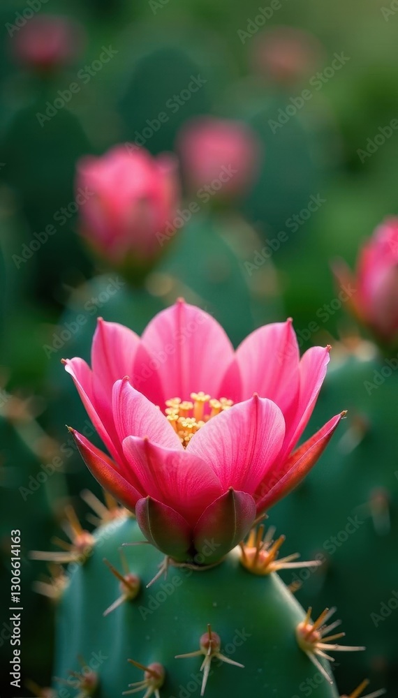 Fototapeta premium Delicate pink prickly pear flower against green pad, Southwest, scenic, vibrant