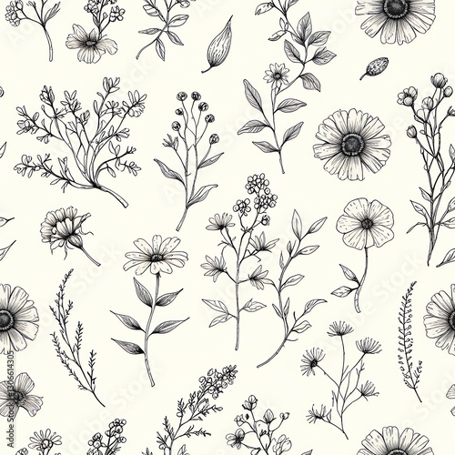 Elegant Botanical Line Art Print: A Seamless Pattern of Delicate Black and White Flowers and Plants