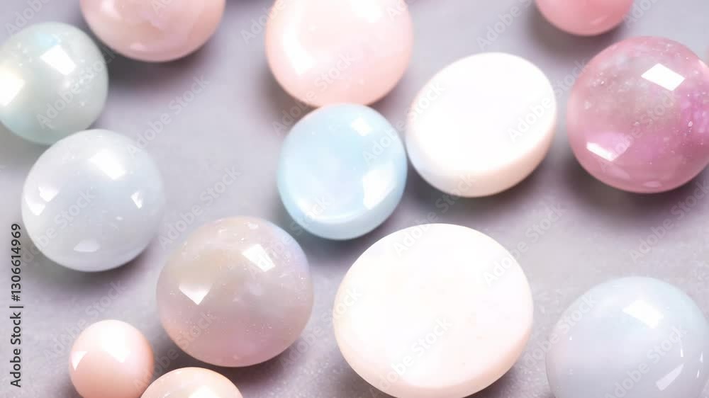 Gentle tilt, vibrant macro video reveals a pattern of translucent marbles in pastel shades, set on a matte surface that fades into a dreamy bokeh background Gentle tilt, vibrant macro video reveals a pattern of translucent marbles in pastel shades, set on a matte surface that fades into a dreamy bokeh background