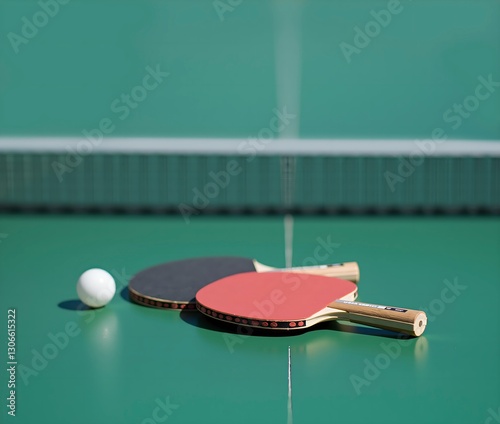 Two ping pong paddles and a ball on a table banner