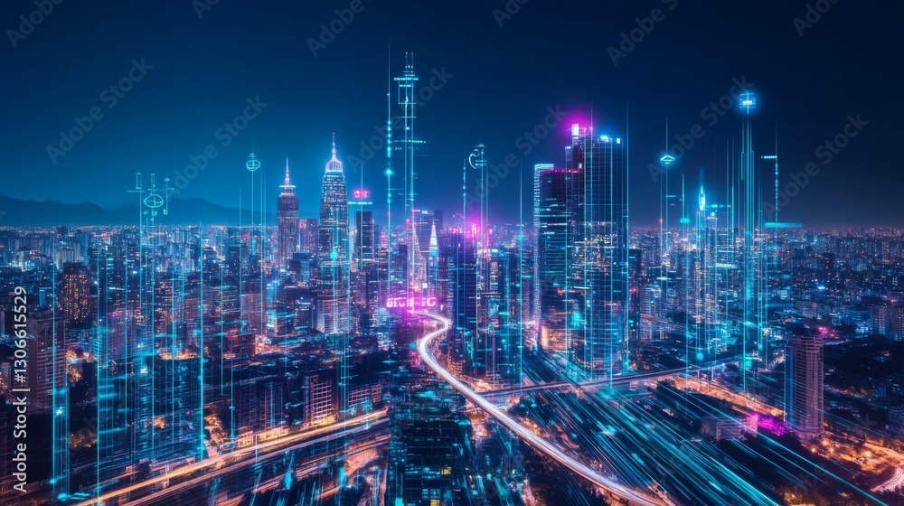 Fototapeta premium Futuristic City Skyline at Night