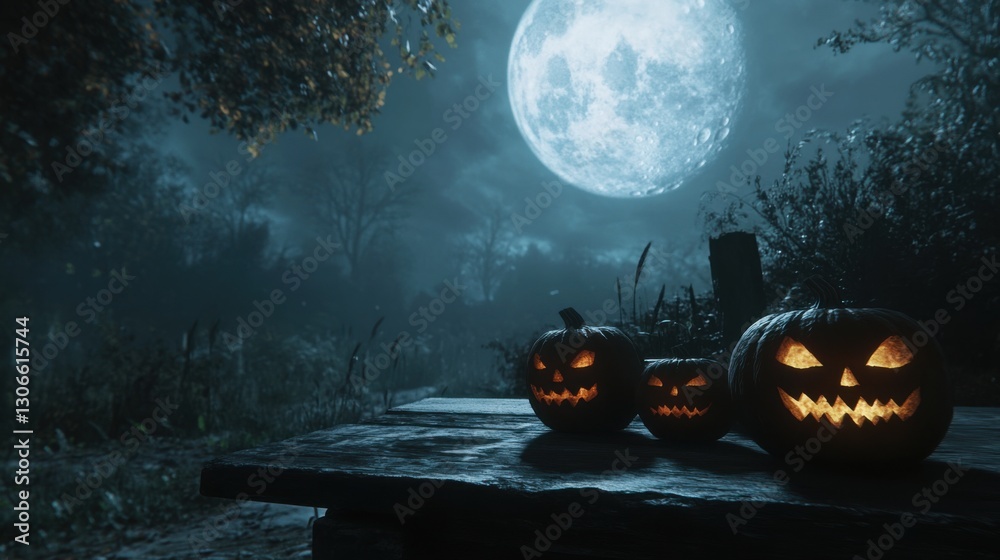 Fototapeta premium spooky halloween pumpkins under a full moon