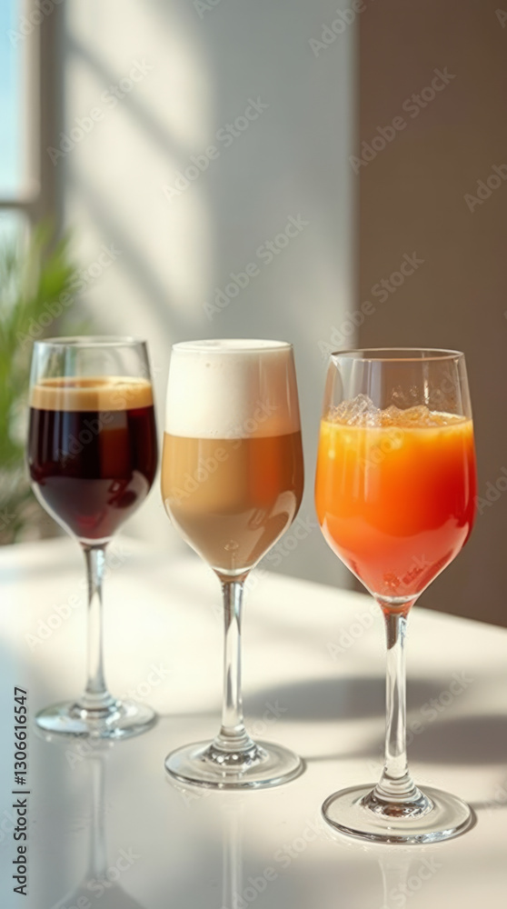 Three Wine Glasses Filled with Coffee, Latte, and Dark Stout Three Wine Glasses Filled with Coffee, Latte, and Dark Stout