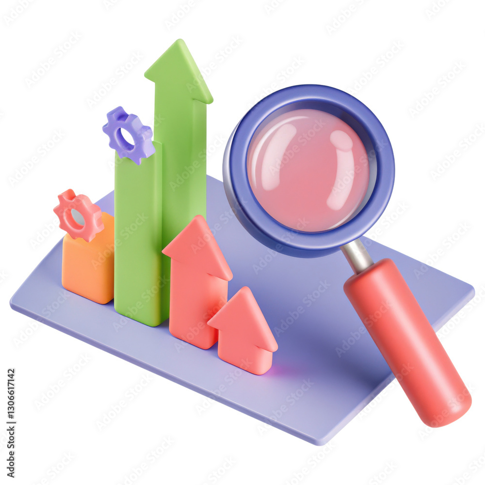 A colorful representation of growth and analysis featuring upward arrows, gears, and a magnifying glass on a platform. A colorful representation of growth and analysis featuring upward arrows, gears, and a magnifying glass on a platform.