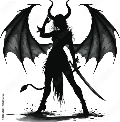 Powerful Female Demon Silhouette with Sword and Wings