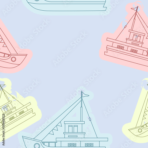 Editable Outline Style Side View Ship Vector Illustration in Various Pastel Colors as Seamless Pattern for Creating Background of Transportation Vehicle and Historical Education Related Design