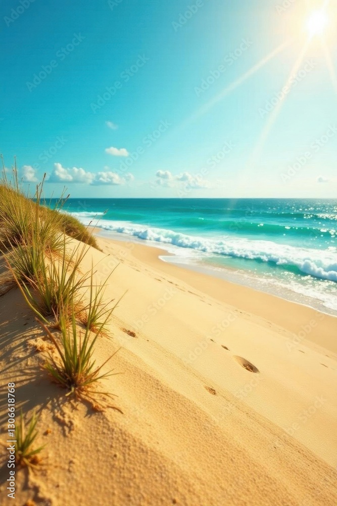 Golden sand, sun-kissed dunes, blurred turquoise ocean , relaxation, sun Golden sand, sun-kissed dunes, blurred turquoise ocean , relaxation, sun