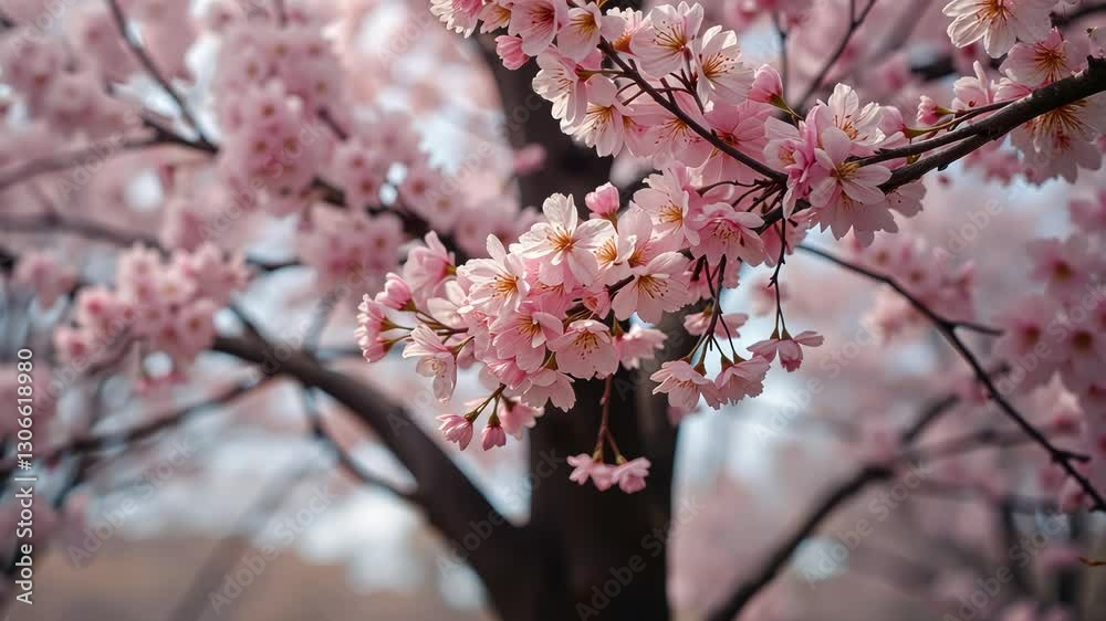 Branch of pink cherry blossoms in full bloom with a soft focus background Branch of pink cherry blossoms in full bloom with a soft focus background